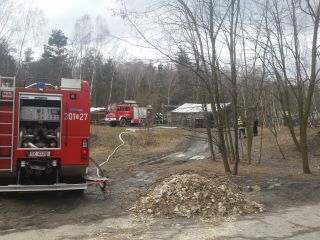 Strażnicy miejscy i strażacy poodczas akcji gaszenia palących się  opon w rejonie ulicy Goetla